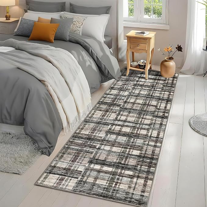 Washable Runner Rug 2x6 Runners Modern Bathroom Rugs Contemporary Plaid Low Pile Farmhouse Small Non Slip Kitchen Rug Stain Resistant Carpet for Entryway Living Room Bedroom, Green/Brown 2'x6'