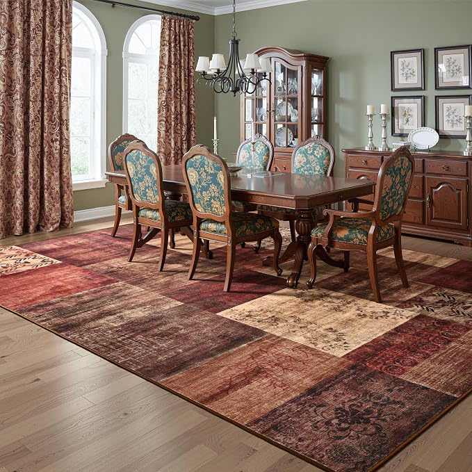 Tepook Modern Area Rug for Living Room, 8x10 Geometric Large Rugs for Bedroom, Washable Patchwork Rug Indoor Non-Slip Throw Carpets for Dining Room Office Farmhouse Home Decor, Red