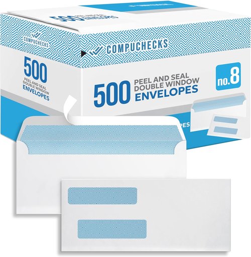 Compuchecks Double Window Envelopes #8 - Peel and Seal Security Business Mailing Envelopes | 500 Count