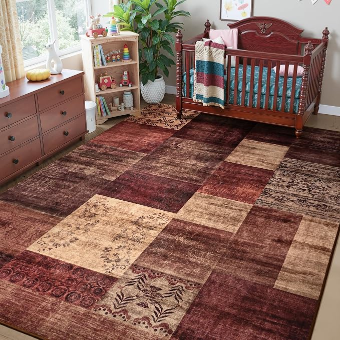 Tepook Modern Area Rug for Living Room, 5x7 Geometric Large Rugs for Bedroom, Washable Patchwork Rug Indoor Non-Slip Throw Carpets for Dining Room Office Farmhouse Home Decor, Red