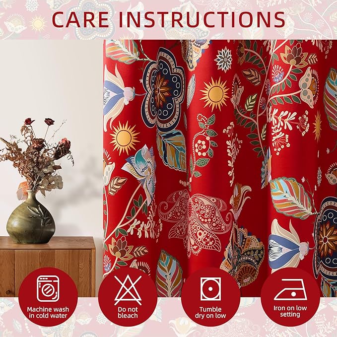 XiDi Red Floral Curtains 108 Inches Long 2 Panels 100% Blackout Vintage Botanical Leaf Patterned Curtains for Living Dining Room Thermal Insulated Room Darkening Luxury Colorful Drapes Grommet 52x108