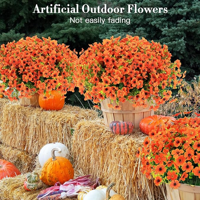 24 Bundles Fall Flowers Artificial for Halloween Decoration Outdoors, Fake Plants Autumn, Mums Daisy Eucalyptus Realistic UV Resistant for Garden Patio Porch Home Decor, Orange