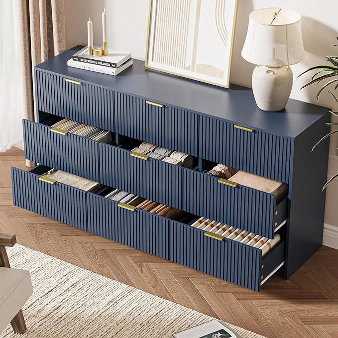 3-Piece Dresser Bedroom Set, 9 Drawer Dresser & 3 Drawer Nightstands with Gold Handles, Fluted Wood Chest of Drawers for Bedroom, Living Room, Entryway, Navy Blue