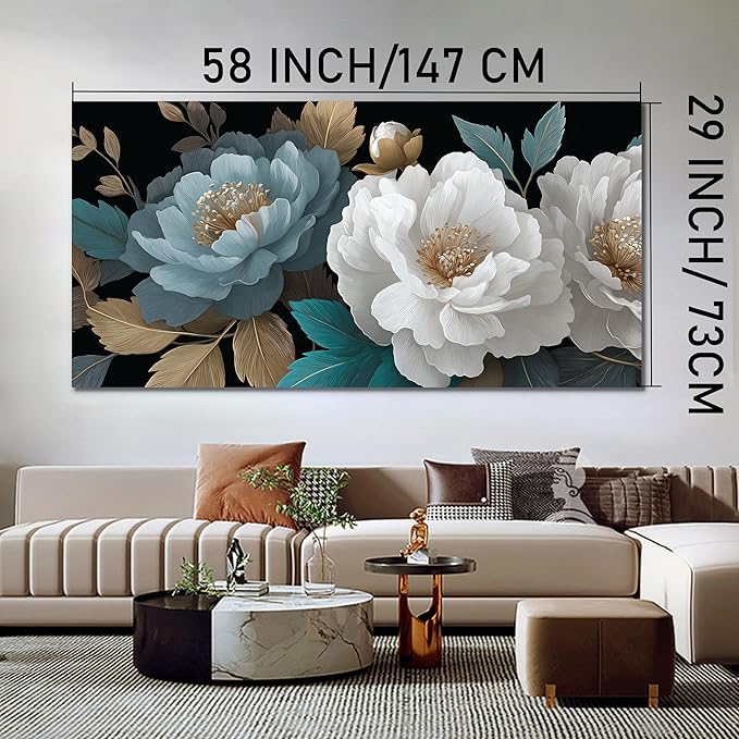 Tarfupth Large White Flower Canvas Wall Art for Bedroom Teal Botanical Gold Artwork for Living Room Office Kitchen Home Modern Canvas Prints 29x58 Inch