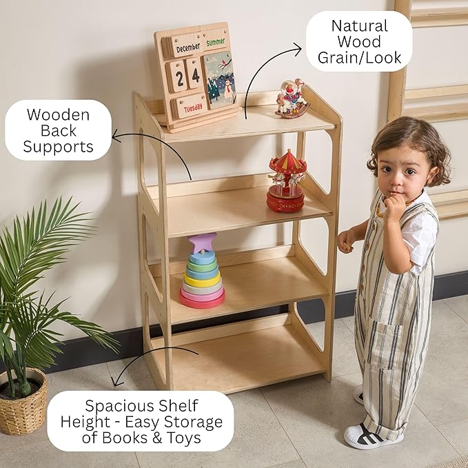 Montessori Bookshelf for Toddlers Solid Wood Toy Storage Shelf Organizer for Playroom and Classroom Floor Bookshelf for Kids Room (Natural, 4-Shelves)
