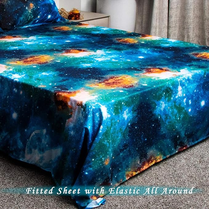 Bedlifes Galaxy Outer Space Sheet Set, Galaxy Themed, 3 pcs Including Flat Sheet, Fitted Sheet, and 1 Pillowcase (Blue Full)