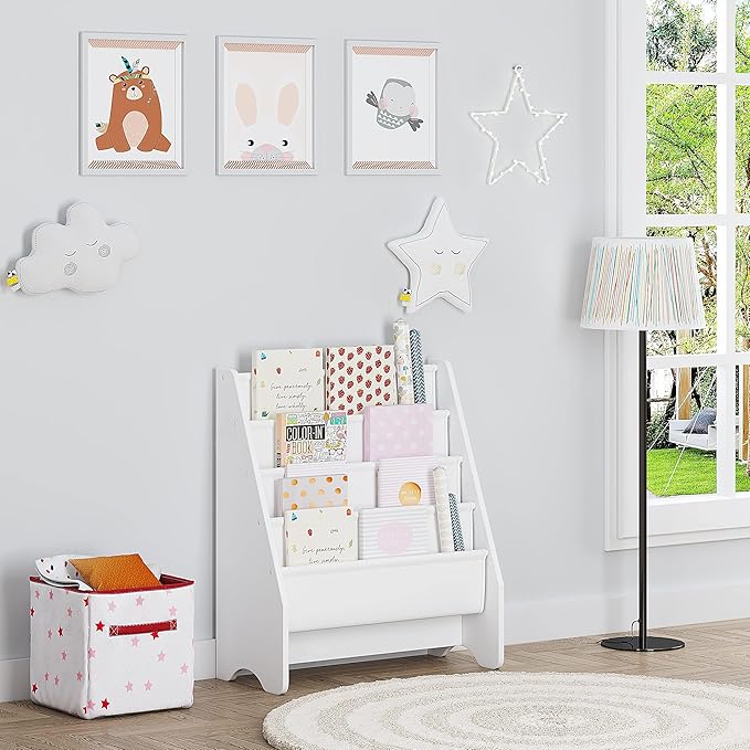 UTEX Kids Bookshelf Storage, Book Shelf for Kids Rooms, 4 Tier Sling Bookshelf for Kids, Toddler, Magazine Book Rack, Children Book Organizer, White