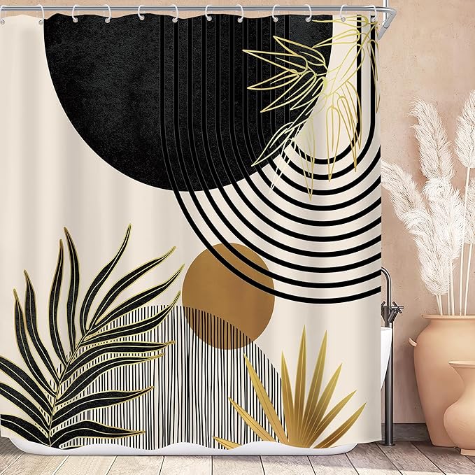 KOMLLEX Mid Century Black Gold Boho Shower Curtain 72Wx72L Inches Abstract Modern Green Shower Curtains for Bathroom Plant Botanical Minimalist Arch Sun Fabric Liner Waterproof Polyester 12 Pack Hooks