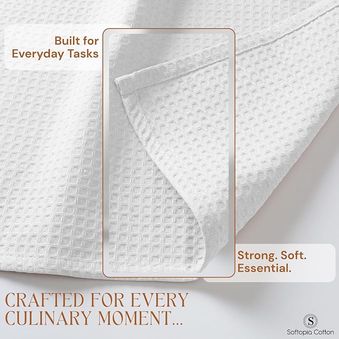 White Waffle Kitchen Dish Towels 100% Cotton, Soft, Absorbent, Quick Drying, Multipurpose Use, Bar & Hand Towels, 16x26 Inches, Durable, Machine Washable, Reusable, Set of 12