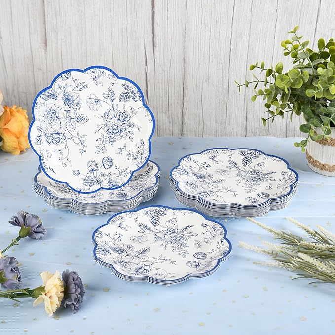 Blue Floral Party Plates Vintage Floral Leaf Disposable Paper Plates Wildflower Blue Toile 7" Scalloped Rim Dessert Plates for Christmas Birthday Bridal Tea Party Supplies (48)