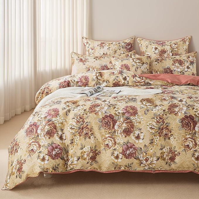 FADFAY College Duvet Cover Set Twin XL Vintage Tan Peony Floral Bedding Classic Shabby Dorm Room Comforter Cover Set 100% Cotton Soft Quilt Cover with Hidden Zipper Closure 3 Pieces, Twin XL Size