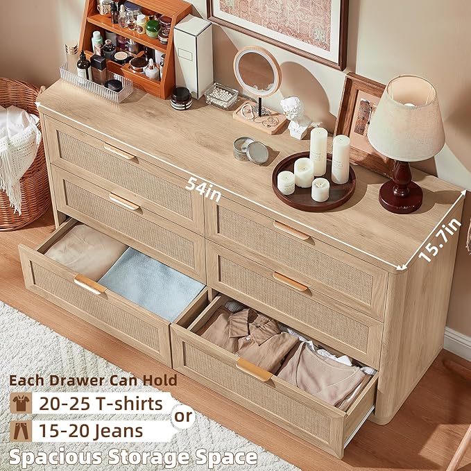 LEYAOYAO Rattan 6 Drawer Dresser for Bedroom, Boho 54" Wide Natural Wood Dresser Chest of Drawers, Dressers TV Stand with Metal Handle, Storage Dressers Closet Organizer for Living Room, Hallway