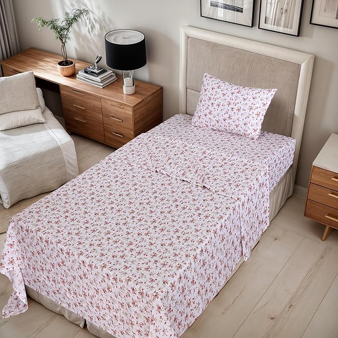 RUVANTI 100% Cotton Twin Sheets Set, 3 Pieces, Soft & Breathable Percale Weave Bedding, Deep Pocket 16", Hotel Standard, Crisp Cool Feel, Durable, Perfect Floral Bed Sheet, Bouquet