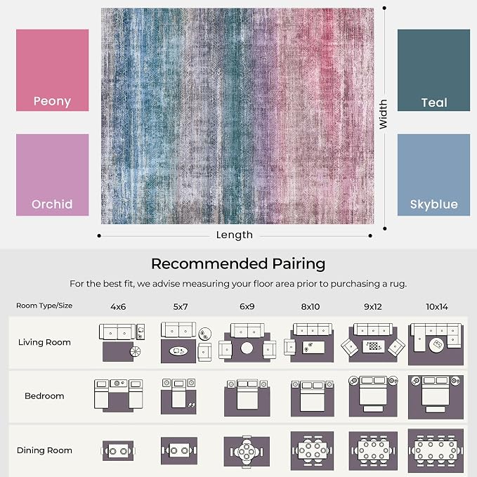Kokia Abstract Area Rugs 8x10 Bedroom Soft Living Room Rugs Washable Distressed Vintage Comfy Red Carpet with Non-Slip Backing for Farmhouse Home Office Room Decor, Oslo Orchid