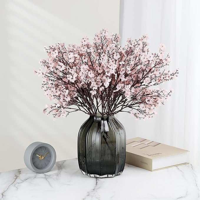 JAKY-Global Babys Breath Silk Artificial Flowers Bulk with Vase 10pcs Fall Decor Fake Flower Bouquet Bulk for Home Indoor Floral Arrangement Table Centerpieces Party Decor(Autumn Pink with Vase)