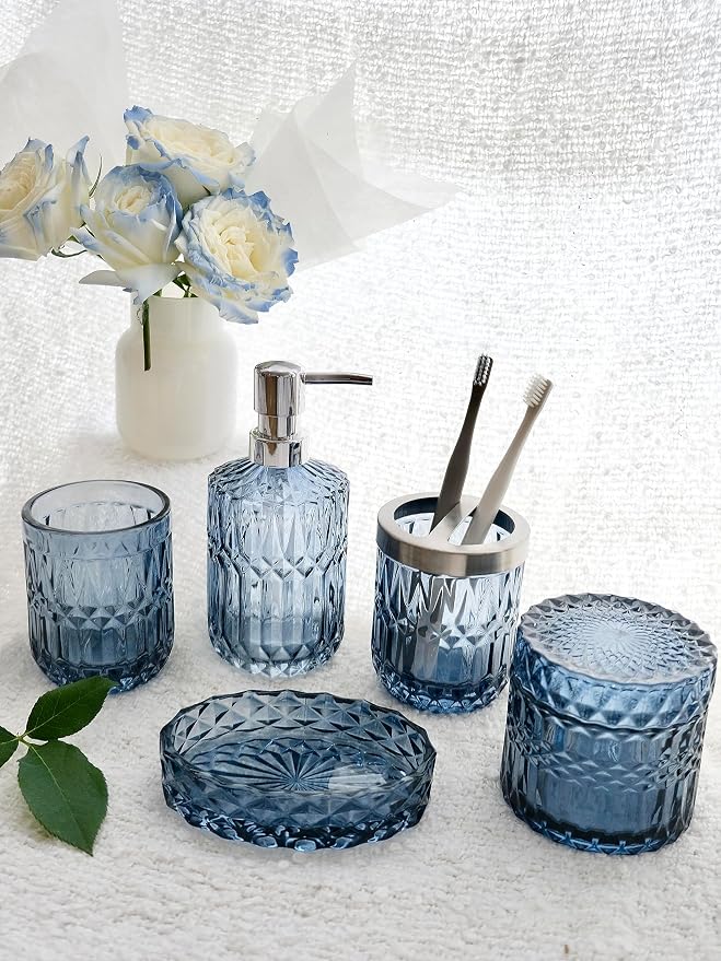 LaMarriti Blue Bathroom Accessories Set, 5Pcs Clear Glass Bathroom Accessories, Hand Soap Dispenser, Soap Dish, Toothbrush Holder Set, Qtips Holder for Crystal Vintage Bath Countertop Decor, Gift Set