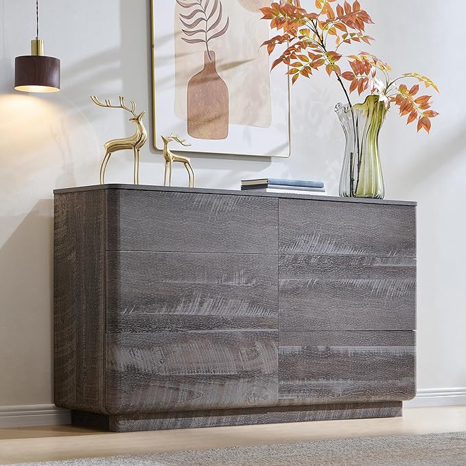 ACCOHOHO Modern 6 Drawer Dresser for Bedroom, 52" Wide Wooden Dressers with Large Storage,Handleless Chest of Drawers TV Stand for Living Room & Hallway, Curved Profile Design, Grey