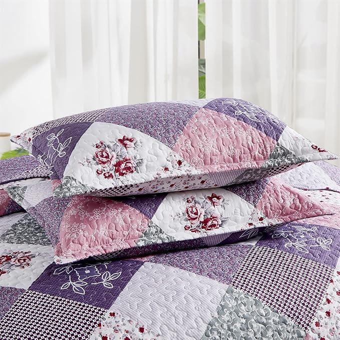 Dinjoy Purple Quilt Set California King Size, Reversible Floral Plaid Patchwork Pattern Bedding Set Soft Microfiber Lightweight Bedspread 3 Piece Summer Fall Use(106x96 inches, Cal King)