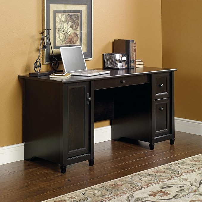 Sauder Edge Water Computer Desk with Storage Drawers, Home Office Desk, in Estate Black