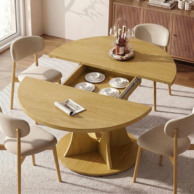 Einhomn 43-59" Extendable Round Dining Table, Kitchen Table for 4-8, Farmhouse Circle Dining Room Table with Removable Leaves,Hidden Storage, Space Saving Wood Kitchen & Dining Room Furniture, Oak