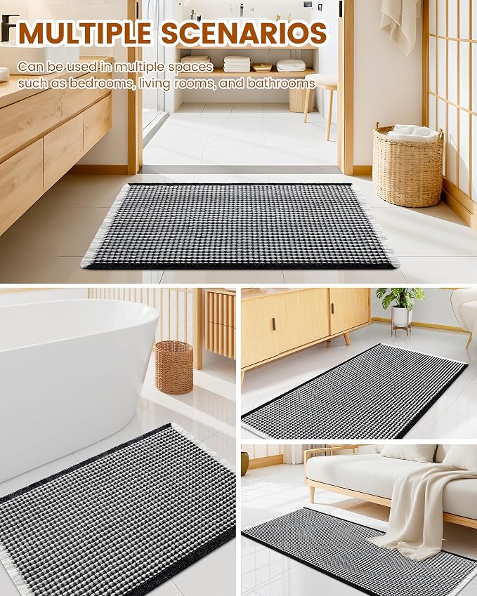 Smiry Waffle Bath Mat 30x20, Extra Soft Absorbent Bathroom Rugs, Non Slip Machine Washable Quick Dry Bath Rugs for Bathroom Floor, Tub, Shower, Home Decor Accessories, Black & Cream