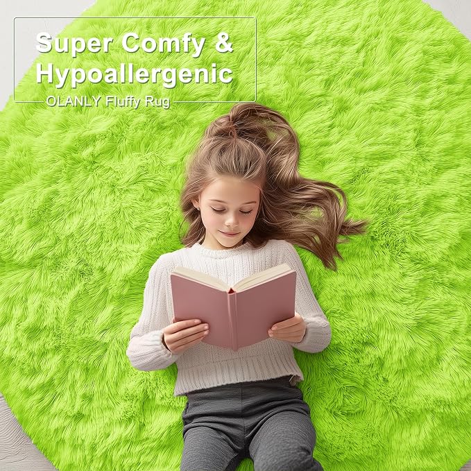 OLANLY Lime Green Round Rugs for Bedroom - Machine Washable, 7 ft Circle Area Rugs for Living Room, Soft and Fluffy Shaggy Carpet for Teen Girl and Boys, Nursery Rooms, Dorms, Home Decor Aesthetic