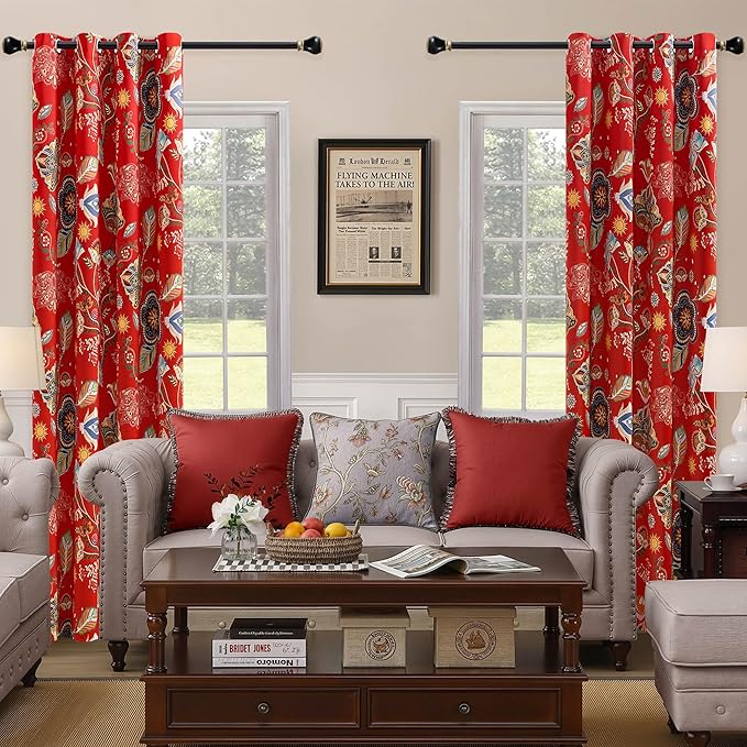 XiDi Red Floral Curtains 108 Inches Long 2 Panels 100% Blackout Vintage Botanical Leaf Patterned Curtains for Living Dining Room Thermal Insulated Room Darkening Luxury Colorful Drapes Grommet 52x108
