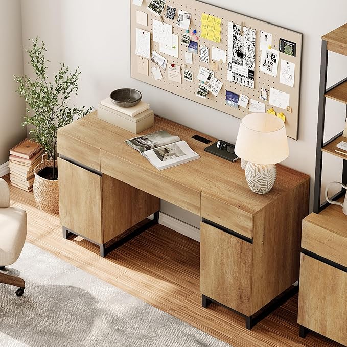 WAMPAT 59" Modern Executive Desk with Drawers, Home Office Computer Desk with Charging Station, File Drawer, Storage Cabinet, Wood Writing Desk for Work and Study, Oak