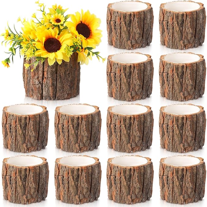 12 Pcs Wooden Vase for Centerpieces Christmas Table Decor Wooden Flower Vase Rustic Bark Stump Buckets Vintage Wood Planter Pots for Xmas Woodland Party Wedding Window Home Farmhouse (Large)