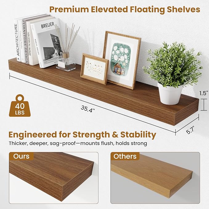 Fun Memories Floating Shelves for Room Wall, 36 Inch Long Shelf Set of 2， Hanging Wood Shelves for Storage & Display, Walnut