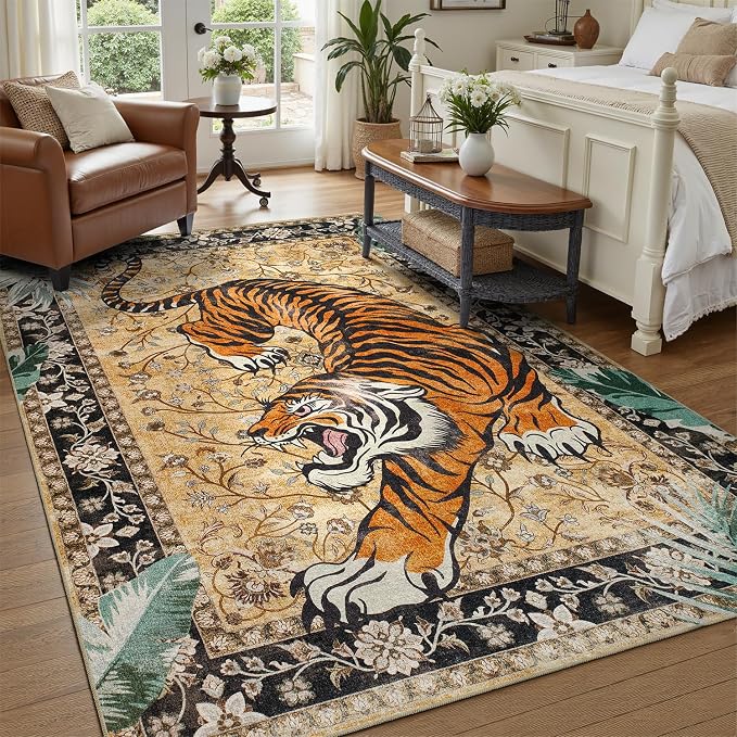 DCX Washable 9x12 Tiger Area Rug, Brown Vintage Animal Rug for Living Room, Soft Low Pile Carpet, Kid & Pet Friendly with Rubber Back Non Slip, Stain Resistant Rug for Bedroom Dining Room Office