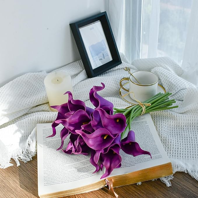 Mandy's PU Grape Purple Calla Lily Artificial Flowers 20 Stems 13.5in Faux Realistic Centerpiece for Thanksgiving and Christmas Decorations DIY Bridal Bouquet Home Décor