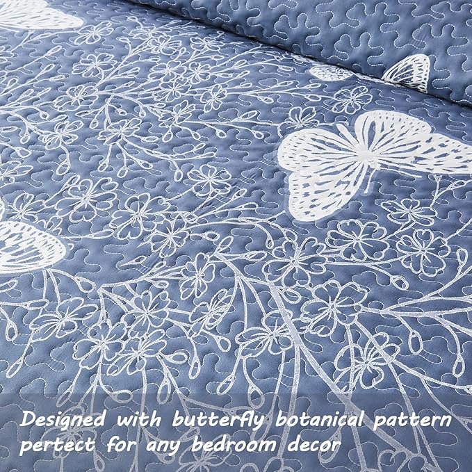 Yogeneg Full Queen Size Quilt Set,White Butterfly Botanical Pattern Blush Grey Bedding Set,3 Piece Lightweight Soft Summer Bedspread Coverlet with 2 PIillow Sham for All Season(Butterfly,90"x96")