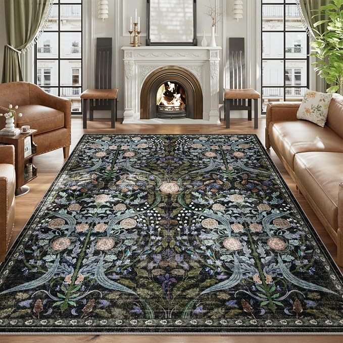 AMTOVO 6x9 Washable Area Rugs for Living Room, Non-Slip Large Soft Boho Floral Vintage Accent Print Carpet for Bedroom Classroom College Dorm Dining Room Farmhouse Nursery Home Office, Black