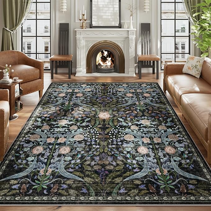 AMTOVO 9x12 Washable Area Rugs for Living Room, Non-Slip&Non-Shedding Floral Large Soft Boho Vintage Print Carpet for Bedroom Girls Room Dorm Dining Room Farmhouse Nursery Home Office, Black
