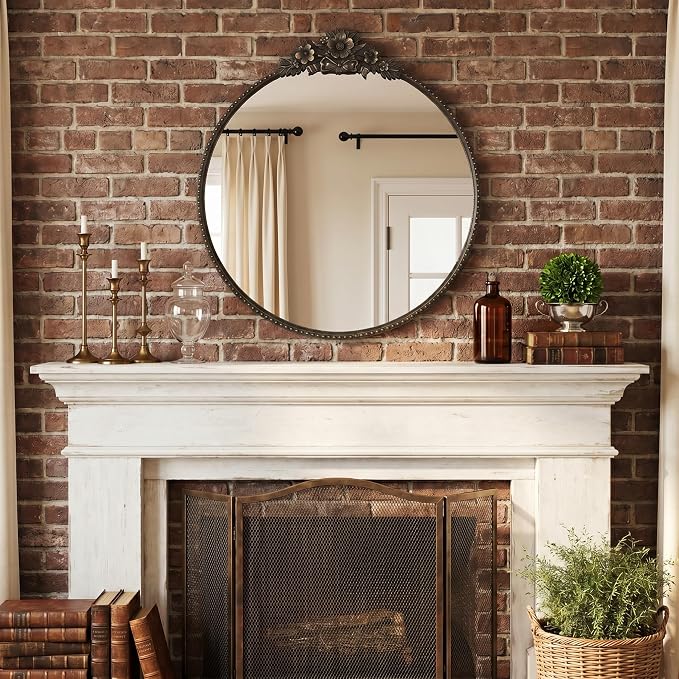 Baroque Antique Black Round Mirror for Wall Decor - 24" Circle Wall Mirror with Vintage Ornate Carved Floral Top Beaded Metal Frame for Bathroom Vanity, Entryway, Fireplace, Living Room, Bedroom