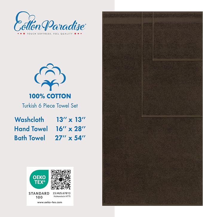 Cotton Paradise 100% Cotton Turkish Towel Set, Soft Absorbent Quick Dry, 6 Piece Towel Set, Chocolate Brown