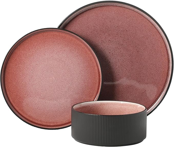 Gibson Elite Redrock Canyon 12-Piece New Bone China Dinnerware Set Service for 4, Reactive Glaze Plates and Bowls, Dishwasher and Microwave Safe, Brick Red