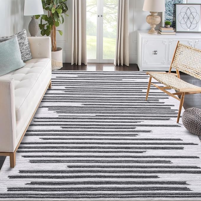 Washable 5x7 Rugs for Living Room Low Pile Soft Bedroom Rug Modern Abstract Lines Carpet Non Shedding Thin Office Carpets Contemporary Geometric Striped Floor Mats for Kitchen Nursery, Beige Black