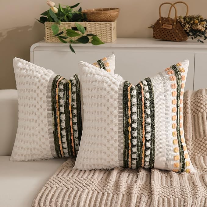 KOOLIFE Boho Chenille Tufted Couch Throw Pillow Covers 18x18 Inch Set of 2 Farmhouse Striped Decorative Pillow Covers Accent Neutral Pillowcase Dark Green Cushion Cover for Living Room Sofa Bed