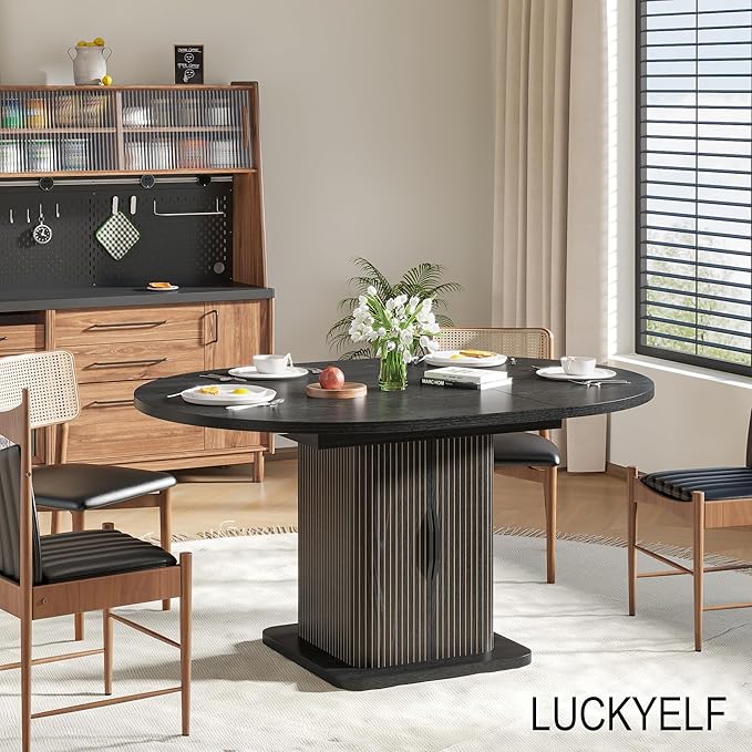 Extendable Black Round Dining Table for 4-6-8, 59 Inch Kitchen Dining Room Table with Storage, Modern Oval Circle Dinner Furniture, Fluted Wood Slide Door, for Home, Living Room, Farmhouse, Black