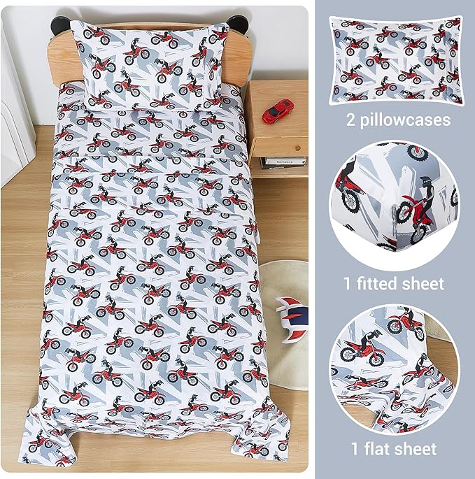 Viviland 4 Pieces Boys Grey Full Sheet Set - Soft Microfiber Fitted Flat Sheets & Pillowcase - Red Motorcycle Print Bedding Sets - for Kids & Toddlers