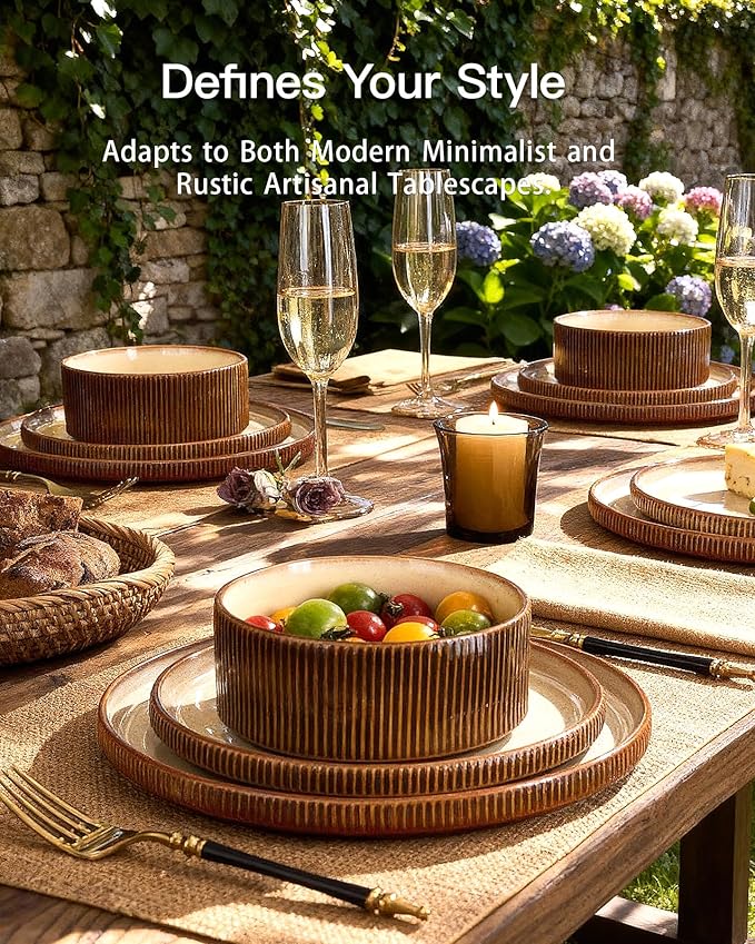 24-Piece Dinnerware Set Service for 8, Famiware Premium Stoneware Dish Set with Ribbed Plates and Deep Bowls, Double Reactive Glaze, Chip & Scratch Resistant, Microwave & Dishwasher Safe, Cream Cocoa