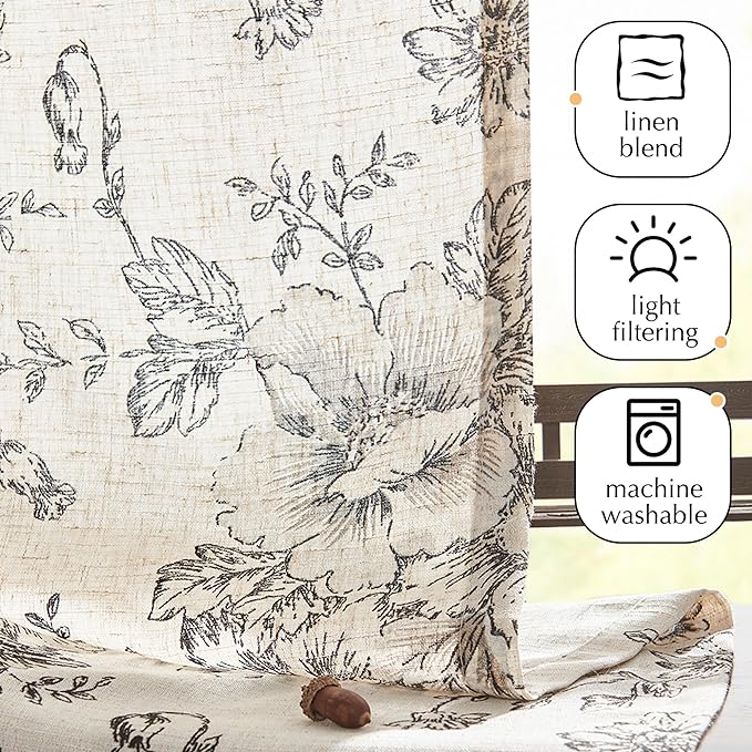 jinchan Pinch Pleated Curtains Floral Linen Blend Curtains for Living Room 96 Inches Length Black Peony Flower Printed Curtain Rod Pocket Back Tab Farmhouse Pinch Pleat Drapes with Hooks Set 2 Panels