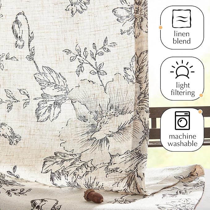 jinchan Pinch Pleated Curtains Floral Linen Blend Curtains for Living Room 90 Inches Length Black Peony Flower Printed Curtain Rod Pocket Back Tab Farmhouse Pinch Pleat Drapes with Hooks Set 2 Panels