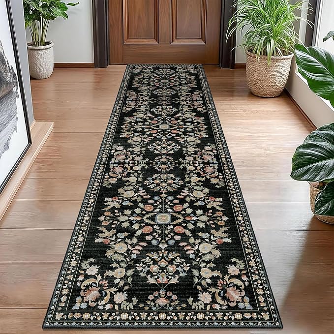MUJOO Washable Runner Rug for Kitchen Hallways,2x8 Runner Rug Non Slip,Floral Carpet Runner for Bathroom Bedroom Laundry Floor,Long Mat Boho Indoor Vintage Low Pile Black