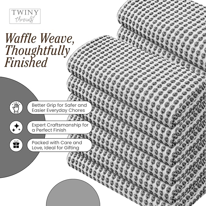 TWINY threads 4 Pack Circle Waffle Dish Towels 16x26 Inches, 100% Cotton, Premium Quality Cotton Towel, Quick Drying, Commercial Grade Wash Rags, Ideal for Bar Mops, Modern Kitchens, Black