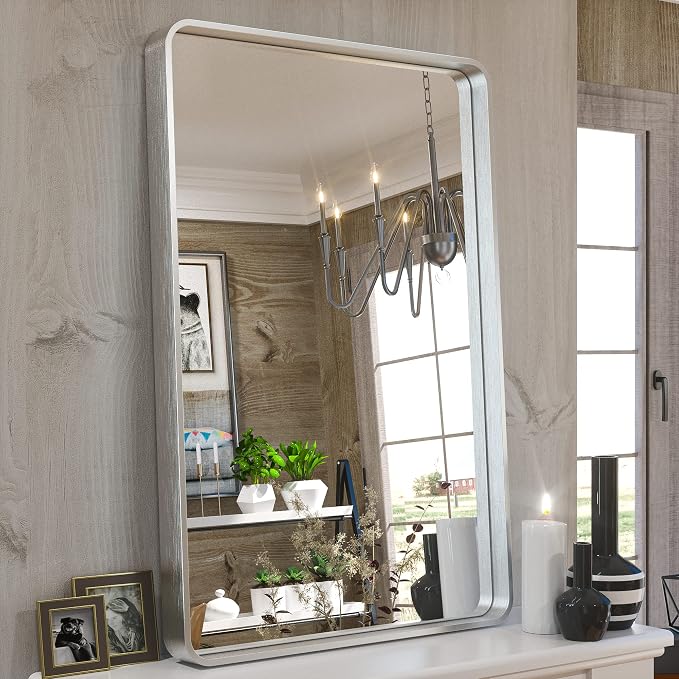 TETOTE 24 x 36 Inch Vanity Mirror, Silver Trimmed Wall Mounted Mirrors, Brushed Silver Rectangle Modern Metal Framed Mirror for Bathroom (Horizontal/Vertical)