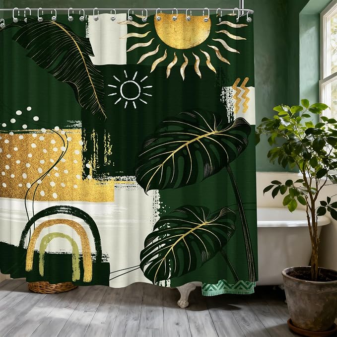 Extra Long Shower Curtain Extra Tall Green and Gold XL Abstract Tropical Leaf Shower Curtains for Large Bathroom Decor Sets, Waterproof Cloth Fabric with Hooks, 108x72 Inch