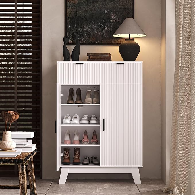 BOXACTION Fluted Shoe Cabinet, 4-Tier Mid Century Modern Narrow Shoe Storage Cabinet with Doors & 2 Drawers, Adjustable Shelves, Freestanding Hidden Shoe Rack Organizer & Wooden Legs for Entryway